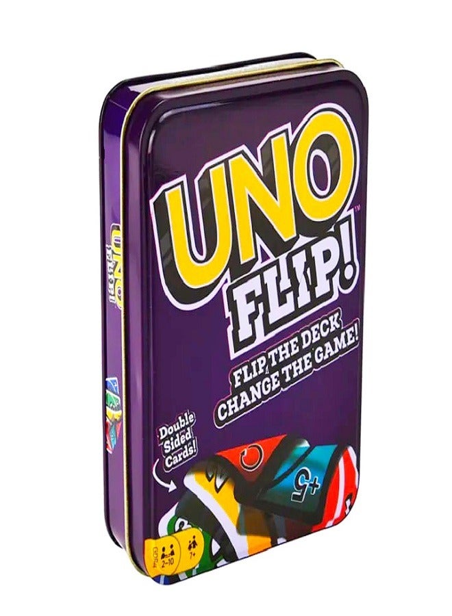 ماتيل جيمز لعبة بطاقات UNO Flip، للأعمار من 7 سنوات فما فوق، من 2 إلى 10 لاعبين، لعبة بطاقات عائلية في صندوق معدني - Image 1