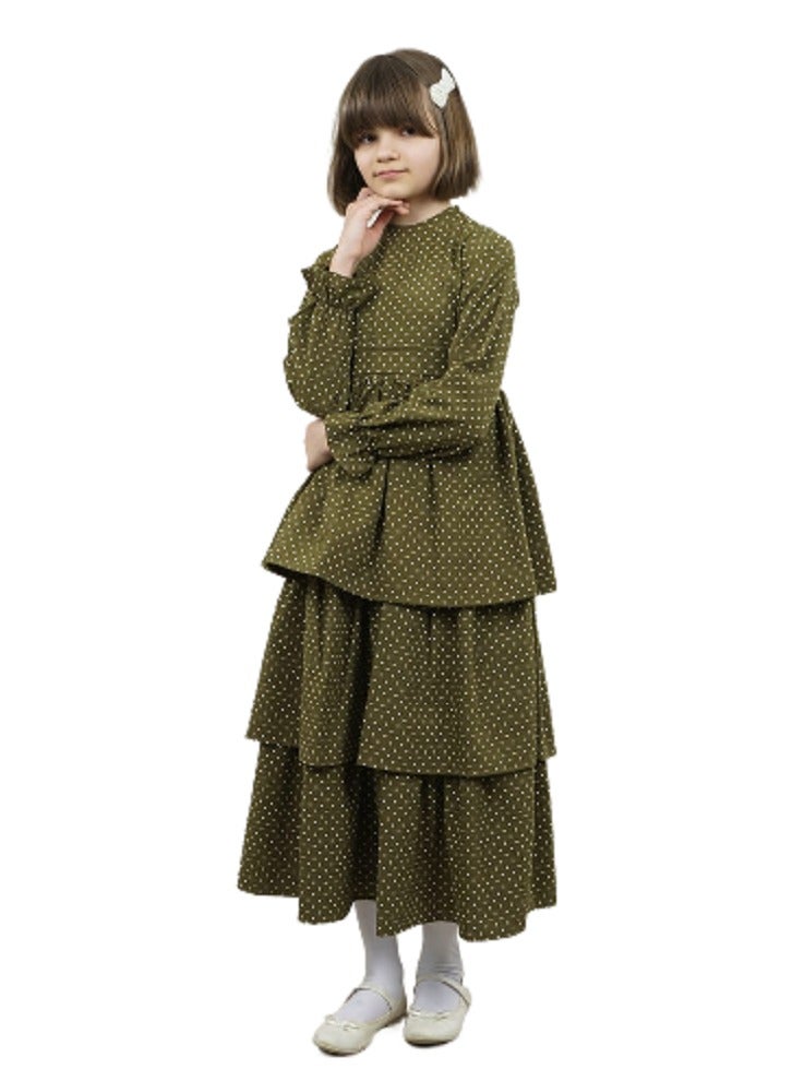 Lamora Young Girls Long-Sleeved Elastic Loose-Fitting Polka Dot Maxi Dress with Round Neck Layered Details Details, for Summer - Khaki - Image 1