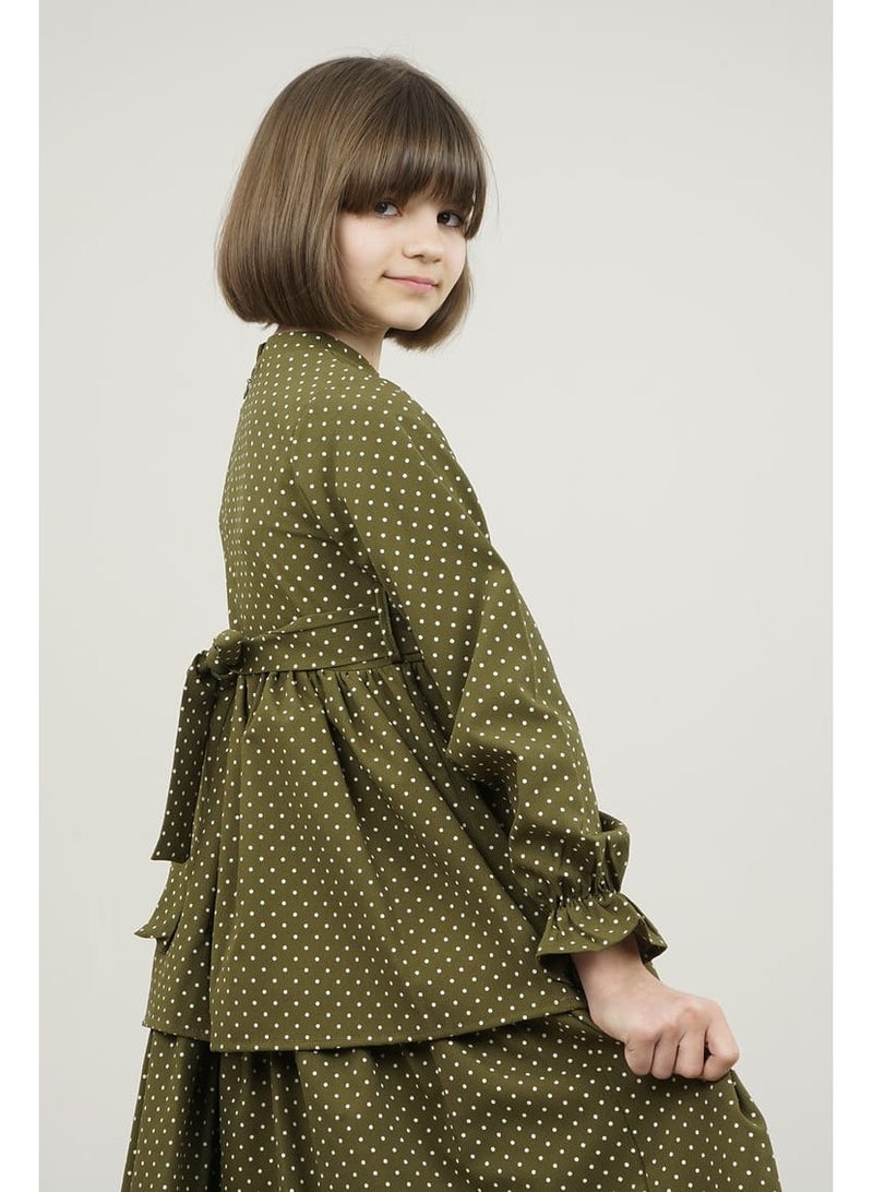 Lamora Young Girls Long-Sleeved Elastic Loose-Fitting Polka Dot Maxi Dress with Round Neck Layered Details Details, for Summer - Khaki - Image 2