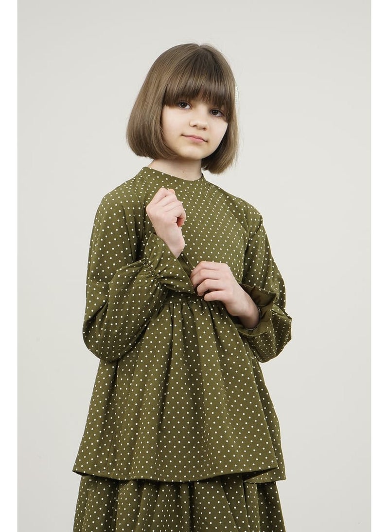 Lamora Young Girls Long-Sleeved Elastic Loose-Fitting Polka Dot Maxi Dress with Round Neck Layered Details Details, for Summer - Khaki - Image 3
