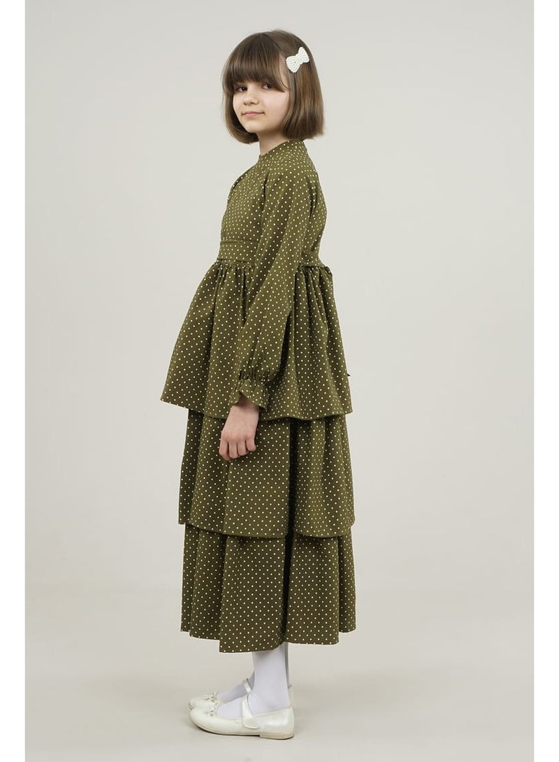 Lamora Young Girls Long-Sleeved Elastic Loose-Fitting Polka Dot Maxi Dress with Round Neck Layered Details Details, for Summer - Khaki - Image 4