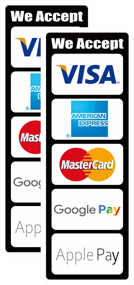 ملصق 2 قطعة نقبل بطاقات الائتمان الرئيسية 8 بوصات GPay ApplePay AmEx MasterCard Visa Discover مدفوعات ملصق بطاقة الائتمان للنافذة المتعددة