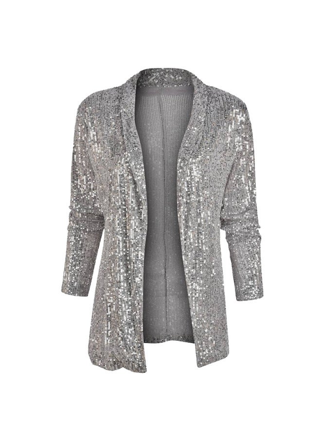 Spring New European And American Sequined Long-sleeved Elegant Mid-length Small Suit Lapel Color Jacket