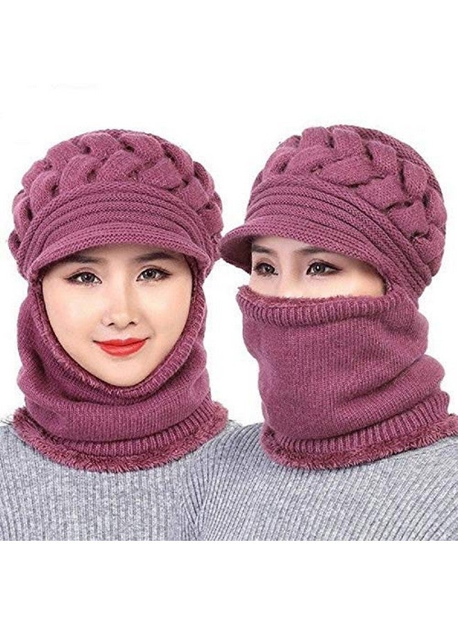Zeki Women's & Girl's Soft Woolen Warm Snow Visor Cap Plus Muffler Scarf|Neckwarmer (Purple,Free Size)-(Pack of 01) - Image 3