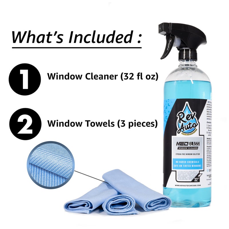Rev Auto Car Window Cleaning Kit - Includes 32oz Car Window Cleaner and 3 Window Drying Towels | Ammonia Free Glass Cleaner That is Tint Safe | Auto Glass Cleaner/Auto Window Cleaner Spray - Image 2