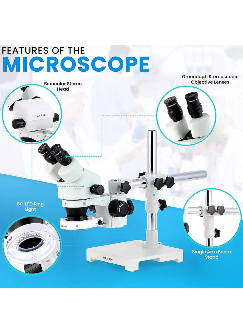 AmScope AmScope SM3B Series Binocular Zoom Stereo Microscope  35X90X Magnification  Includes 80 LED Compact Ring Light  Single Arm Boom Stand  - Image 2