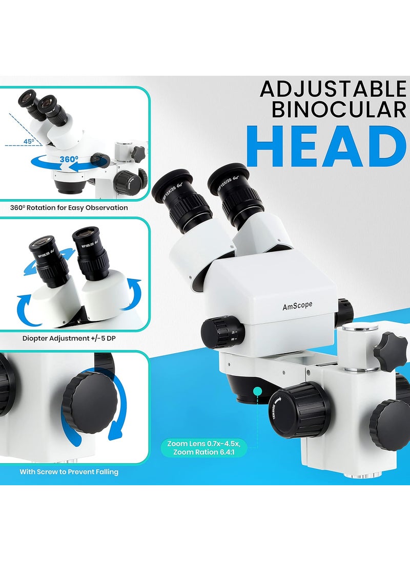 AmScope AmScope SM3B Series Binocular Zoom Stereo Microscope  35X90X Magnification  Includes 80 LED Compact Ring Light  Single Arm Boom Stand  - Image 4