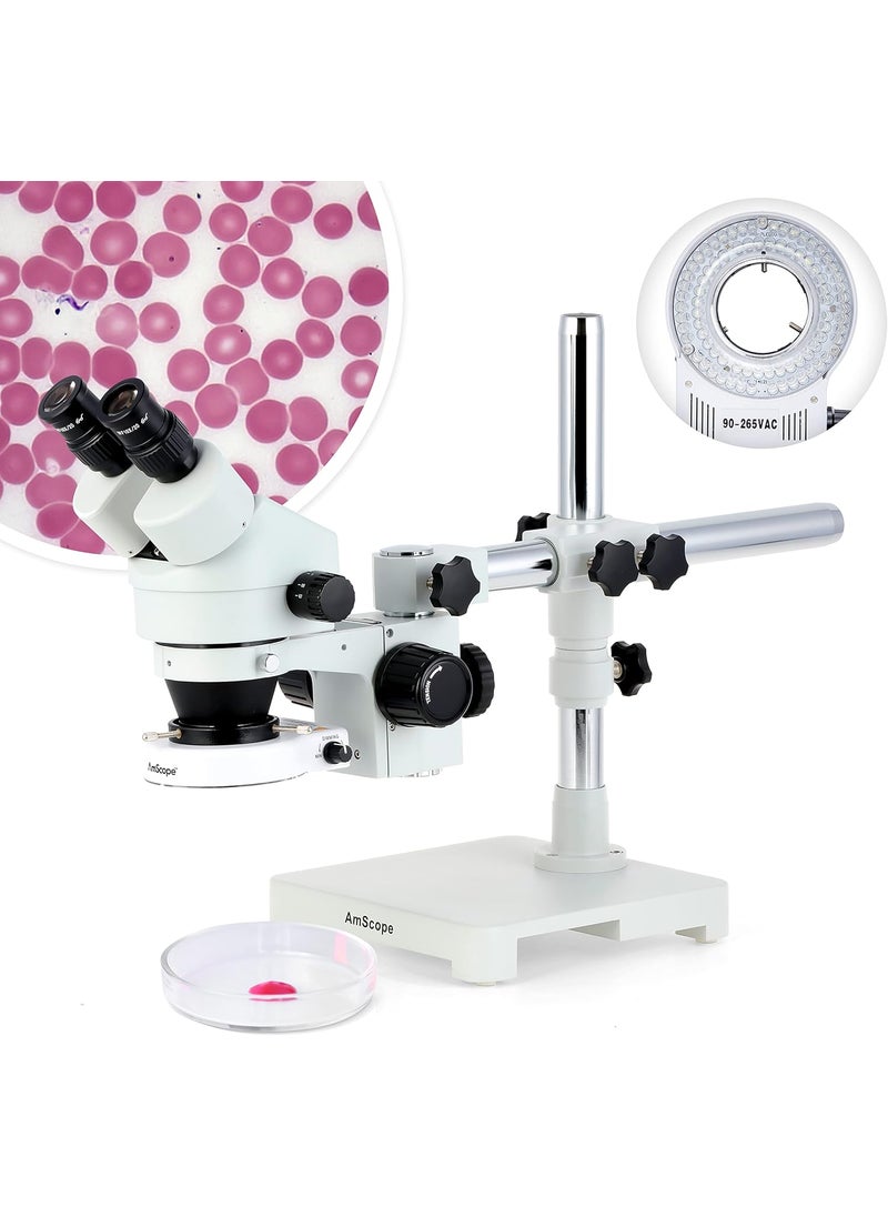 AmScope AmScope SM3B Series Binocular Zoom Stereo Microscope  35X90X Magnification  Includes 80 LED Compact Ring Light  Single Arm Boom Stand  - Image 1
