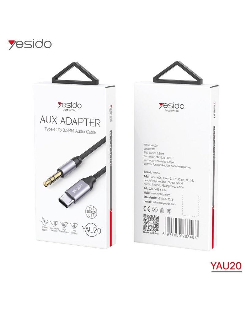 Yesido YAU20 Type-C to 3.5mm Audio Cable | High-Fidelity Sound | USB-C to AUX Adapter for Headphones, Speakers & Car Audio | Noise-Free, Durable & Universal Compatibility – Black - Image 1