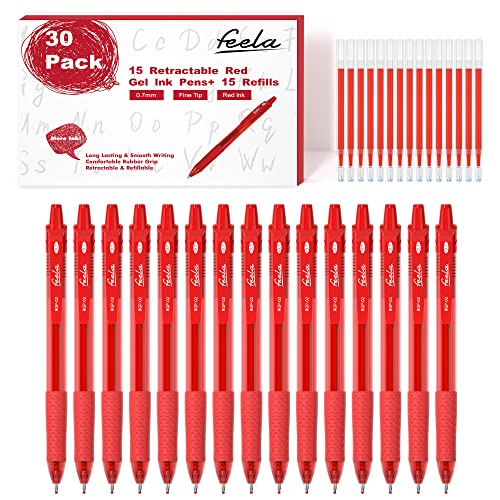 feela 30 Pack Retractable Red Ink Gel Pens Set Medium Point 15 Piece Fine Point Gel Pen with 15 Refills for Smooth Writing - Image 1