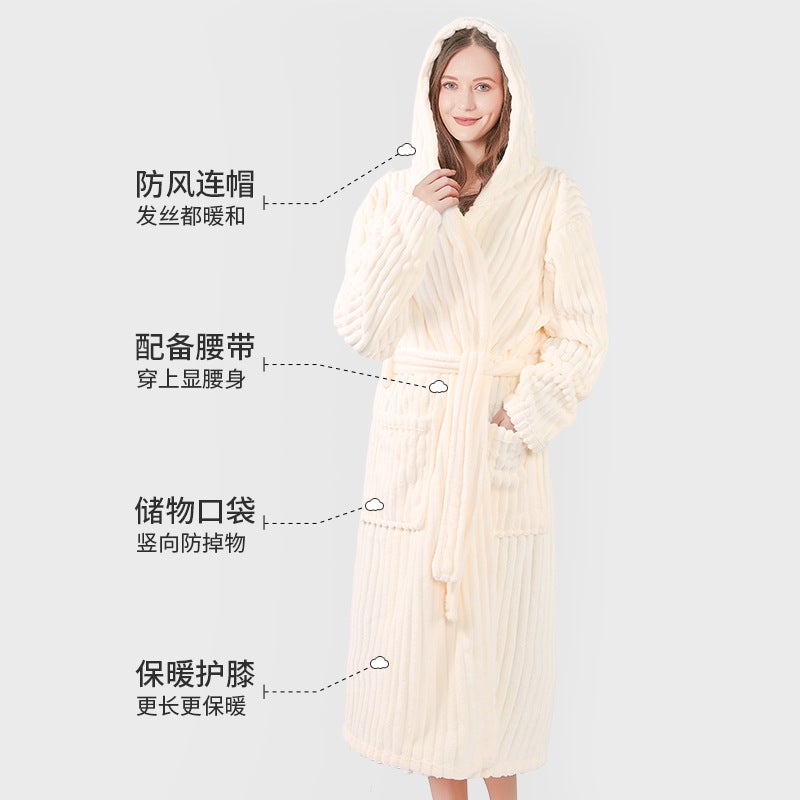 Striped Coral Velvet Bathrobe For Men And Women, Strong Water Absorption, Quick Drying, Thickened, Suitable For All Seasons, Couple'S Nightgown, Adult Bathrobe, Towel - Image 3