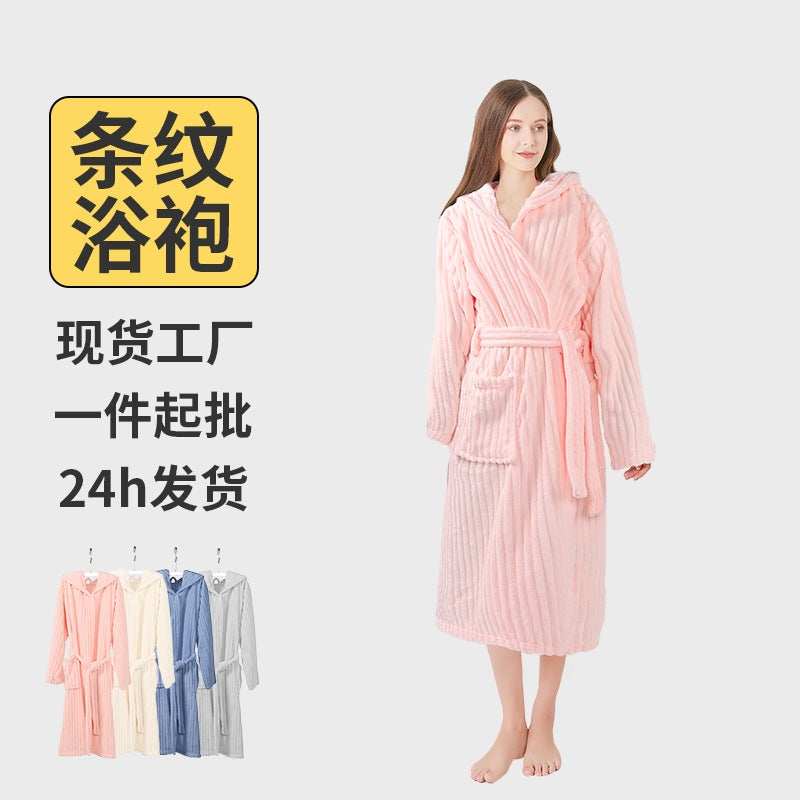 Striped Coral Velvet Bathrobe For Men And Women, Strong Water Absorption, Quick Drying, Thickened, Suitable For All Seasons, Couple'S Nightgown, Adult Bathrobe, Towel - Image 2