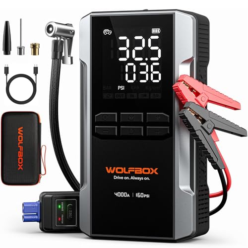 WOLFBOX 4000A Jump Starter with 160PSI Air Compressor, 12V Car Battery Booster, 65W Fast Charge, 24000mAh Portable Tire Inflator, LED Display for 10L Gas & 10L Diesel Engines, LED Light, Jumper Cables - Image 1