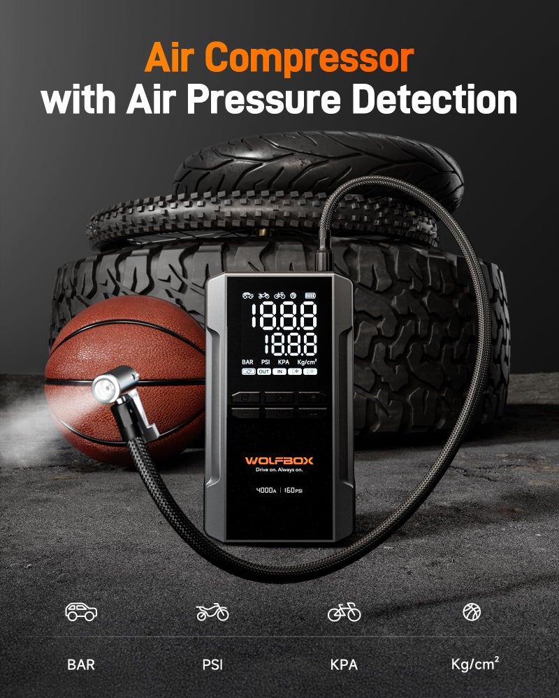 WOLFBOX 4000A Jump Starter with 160PSI Air Compressor, 12V Car Battery Booster, 65W Fast Charge, 24000mAh Portable Tire Inflator, LED Display for 10L Gas & 10L Diesel Engines, LED Light, Jumper Cables - Image 4