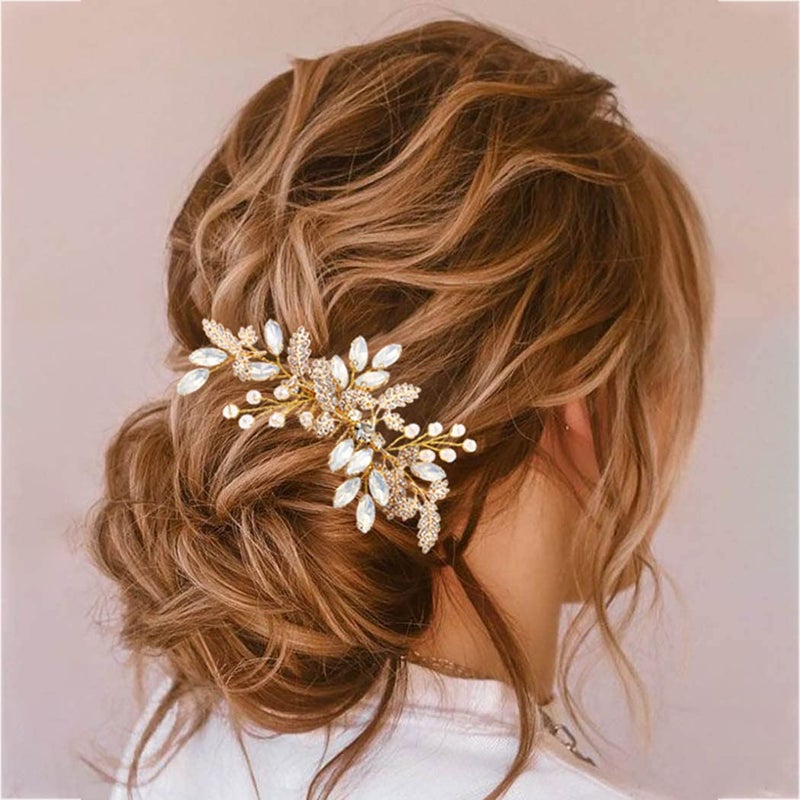 JEAIRTS Leaf Wedding Hair Comb Rhinestone Bridal Headpiece Opal Bridal Crystal Hair Accessories for Women1Gold