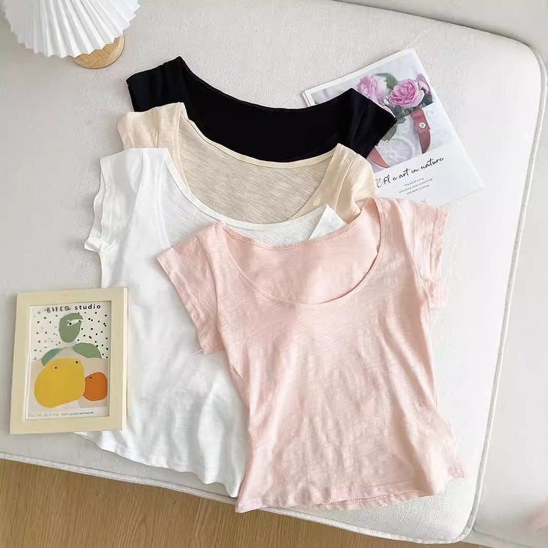 Lhh-Pure Desire U-Neck Slub Cotton Slim Fit Slim Look Slim Joker Base Shirt Low Crewneck Short Sleeve Short T-Shirt Women'S Top - Image 2