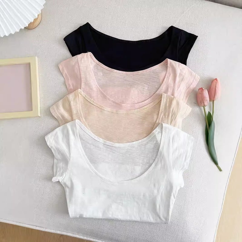 Lhh-Pure Desire U-Neck Slub Cotton Slim Fit Slim Look Slim Joker Base Shirt Low Crewneck Short Sleeve Short T-Shirt Women'S Top - Image 3
