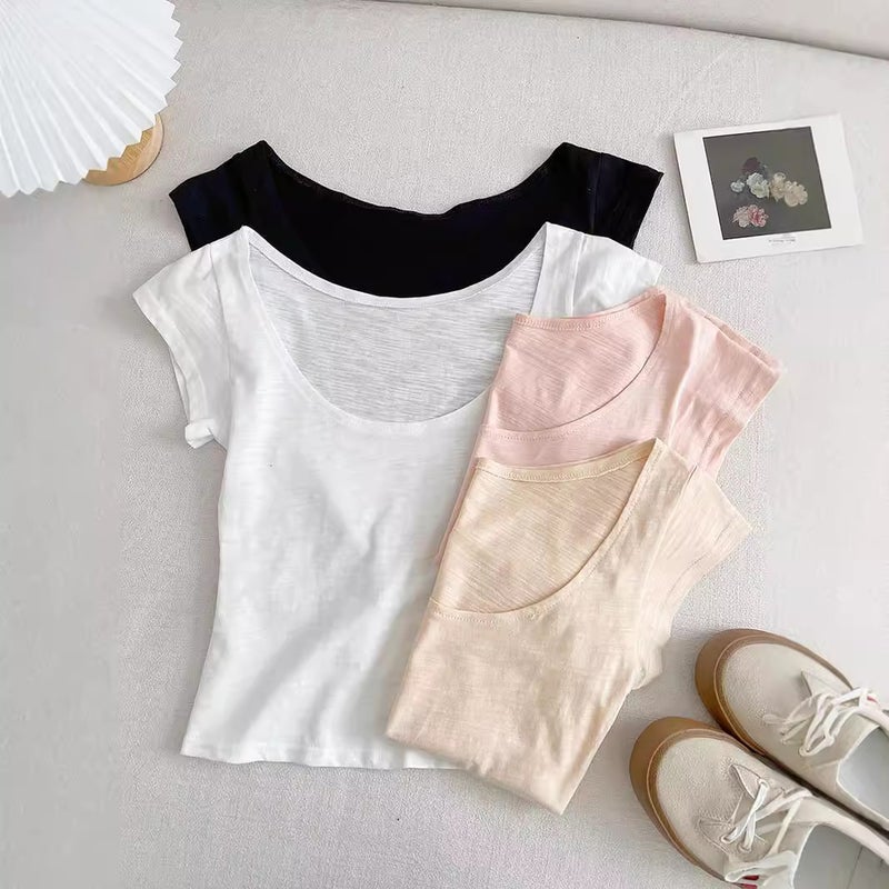 Lhh-Pure Desire U-Neck Slub Cotton Slim Fit Slim Look Slim Joker Base Shirt Low Crewneck Short Sleeve Short T-Shirt Women'S Top - Image 4