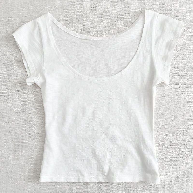 Lhh-Pure Desire U-Neck Slub Cotton Slim Fit Slim Look Slim Joker Base Shirt Low Crewneck Short Sleeve Short T-Shirt Women'S Top - Image 1