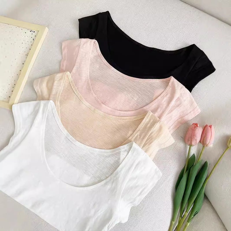 Lhh-Pure Desire U-Neck Slub Cotton Slim Fit Slim Look Slim Joker Base Shirt Low Crewneck Short Sleeve Short T-Shirt Women'S Top - Image 5