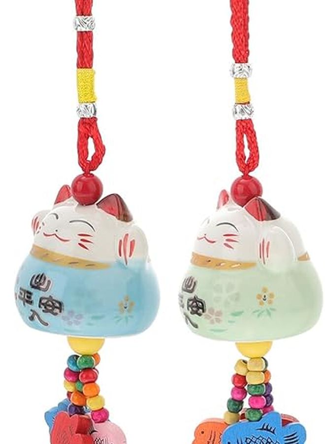 2Pcs Ceramic Fortune Cat Wind Chimes Lucky Maneki Neko Hanging Decor For Home Garden Patio - Image 1