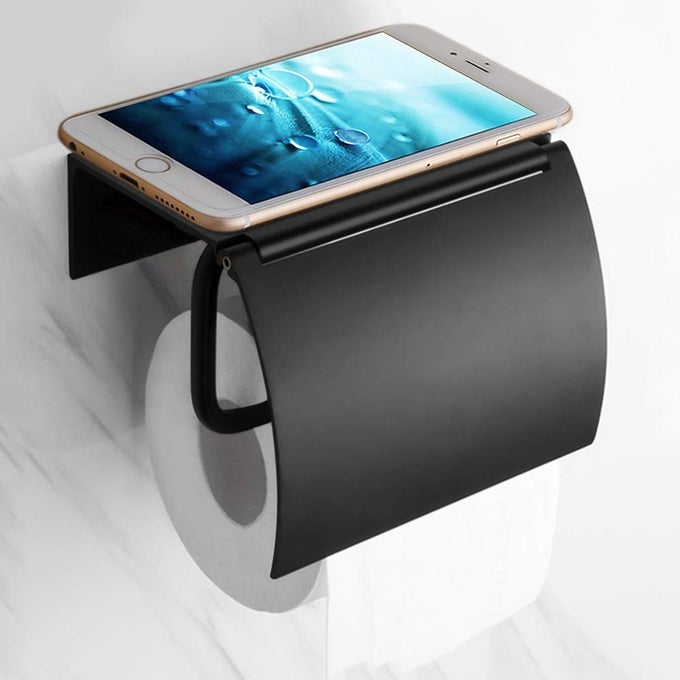 MATTE BLACK TOILET PAPER HOLDER WALL MOUNTED WITH PHONE SHELF UNIVERSAL MODERN TOILET TISSUE HOLDER FIT MEGA ROLL TOILET PAPER CAT PROOF TOILET PAPER HOLDER BATHROOM METAL ALUMINUM COVERED TP HOLDER