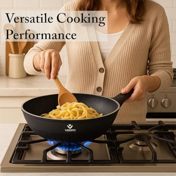 ريحني مقلاة ووك فوجاتي 32 سم مطلية بالتيتانيوم الأسود ومتينة وغير لاصقة وعميقة للطهي، مقلاة ألومنيوم مطروقة سهلة التنظيف ومقاومة للخدش وخالية من حمض بيرفلورو الأوكتانويك (PFOA) وأدوات طهي من الجرانيت للمطبخ المنزلي - Image 5