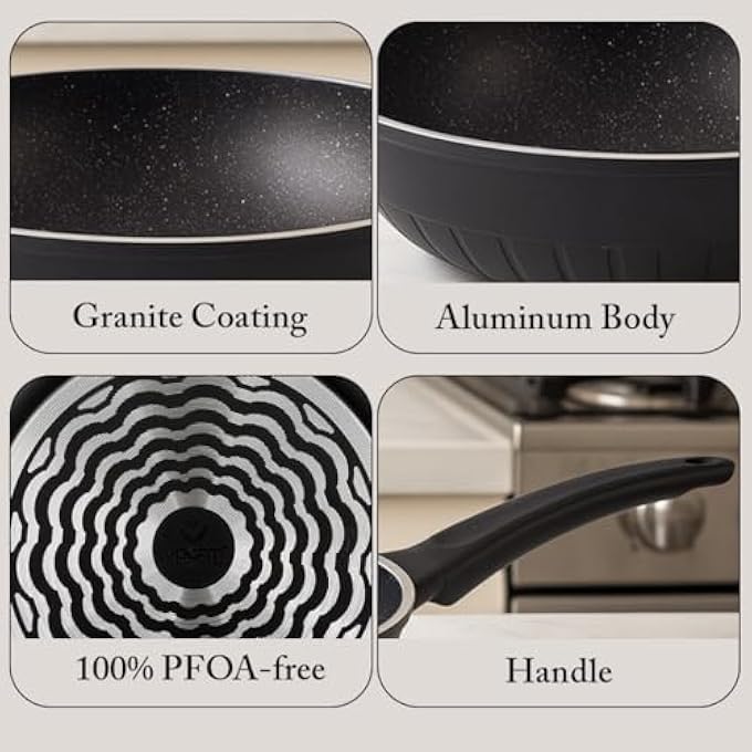 ريحني مقلاة ووك فوجاتي 32 سم مطلية بالتيتانيوم الأسود ومتينة وغير لاصقة وعميقة للطهي، مقلاة ألومنيوم مطروقة سهلة التنظيف ومقاومة للخدش وخالية من حمض بيرفلورو الأوكتانويك (PFOA) وأدوات طهي من الجرانيت للمطبخ المنزلي - Image 4