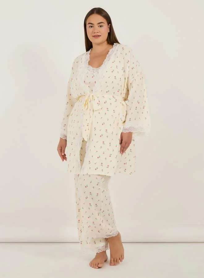 Styli Styli Pack of 3 - Plus Size All Over Ditsy Floral Print Cami Top- Robe and Pyjama