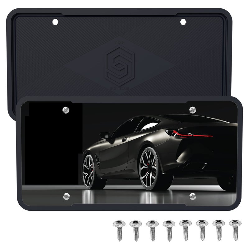 SOLID Silicone Black License Plate Frame Covers 2 Pack- Front and Back Car Plate Bracket Holders. Rust-Proof, Rattle-Proof, Weather-Proof (Black)