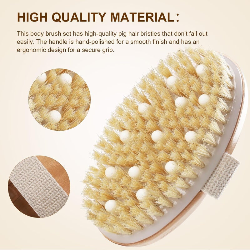 DEBETOOL Dry Brushing Set Natural Boar Bristle Body Face Brush Wooden Long Handle Scrub Brush for Cellulite Lymphatic Drainage Detachable 3 Brush Heads - Image 3