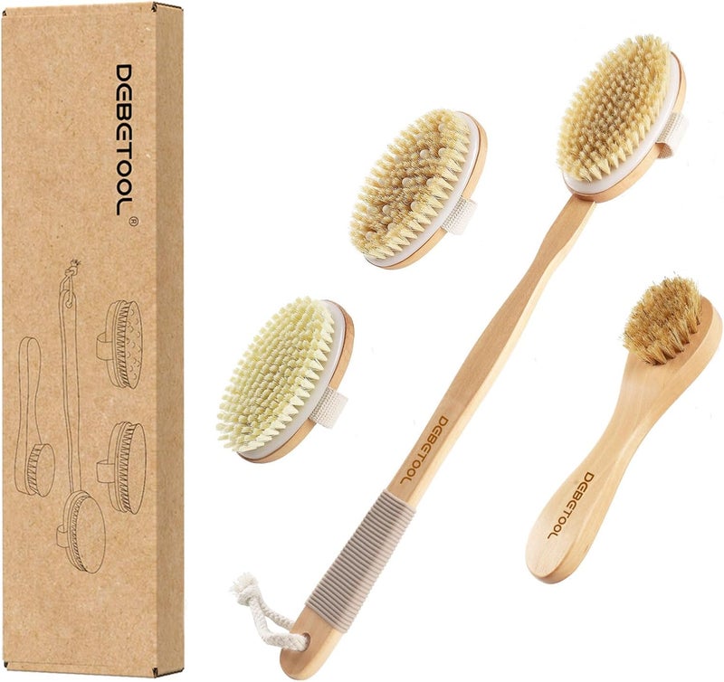 DEBETOOL Dry Brushing Set Natural Boar Bristle Body Face Brush Wooden Long Handle Scrub Brush for Cellulite Lymphatic Drainage Detachable 3 Brush Heads - Image 1