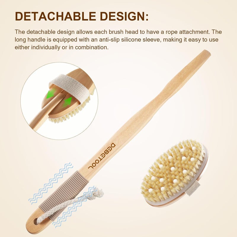 DEBETOOL Dry Brushing Set Natural Boar Bristle Body Face Brush Wooden Long Handle Scrub Brush for Cellulite Lymphatic Drainage Detachable 3 Brush Heads - Image 5