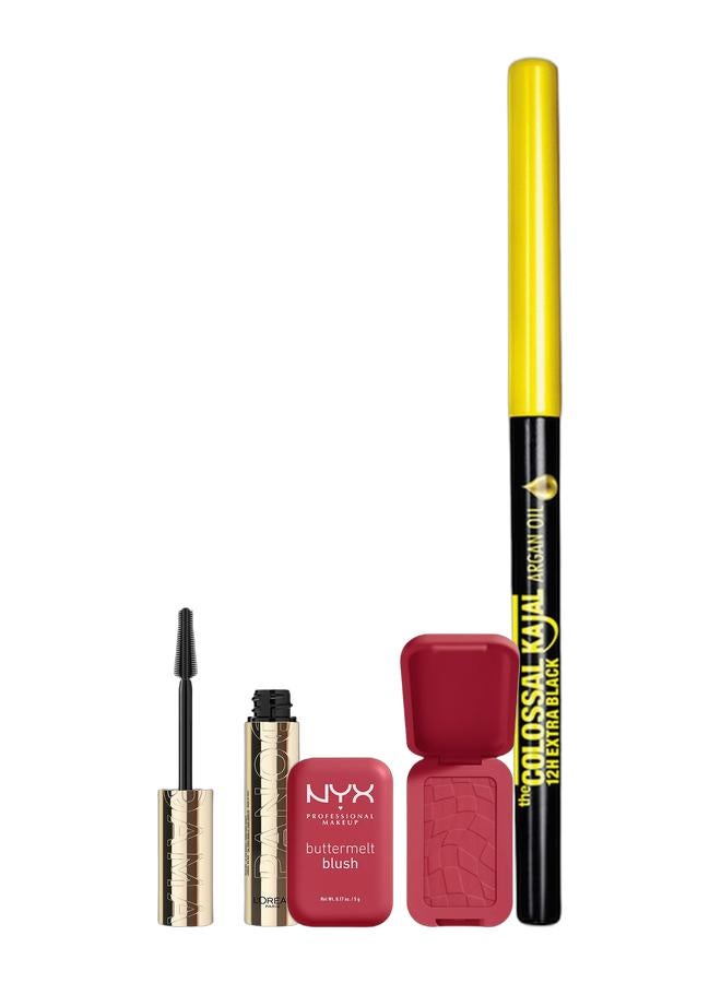 NYX PROFESSIONAL MAKEUP Buttermelt Blush, Powder Blush, Up To 12 H Wear, Fade & Transfer Resistant, Back And Butta & Colossal Kajal Argan Oil Eyeliner - 12H Extra Black & L’Oréal Paris Volume Million Lashes Panorama Mascara in Black Bundle - Image 1