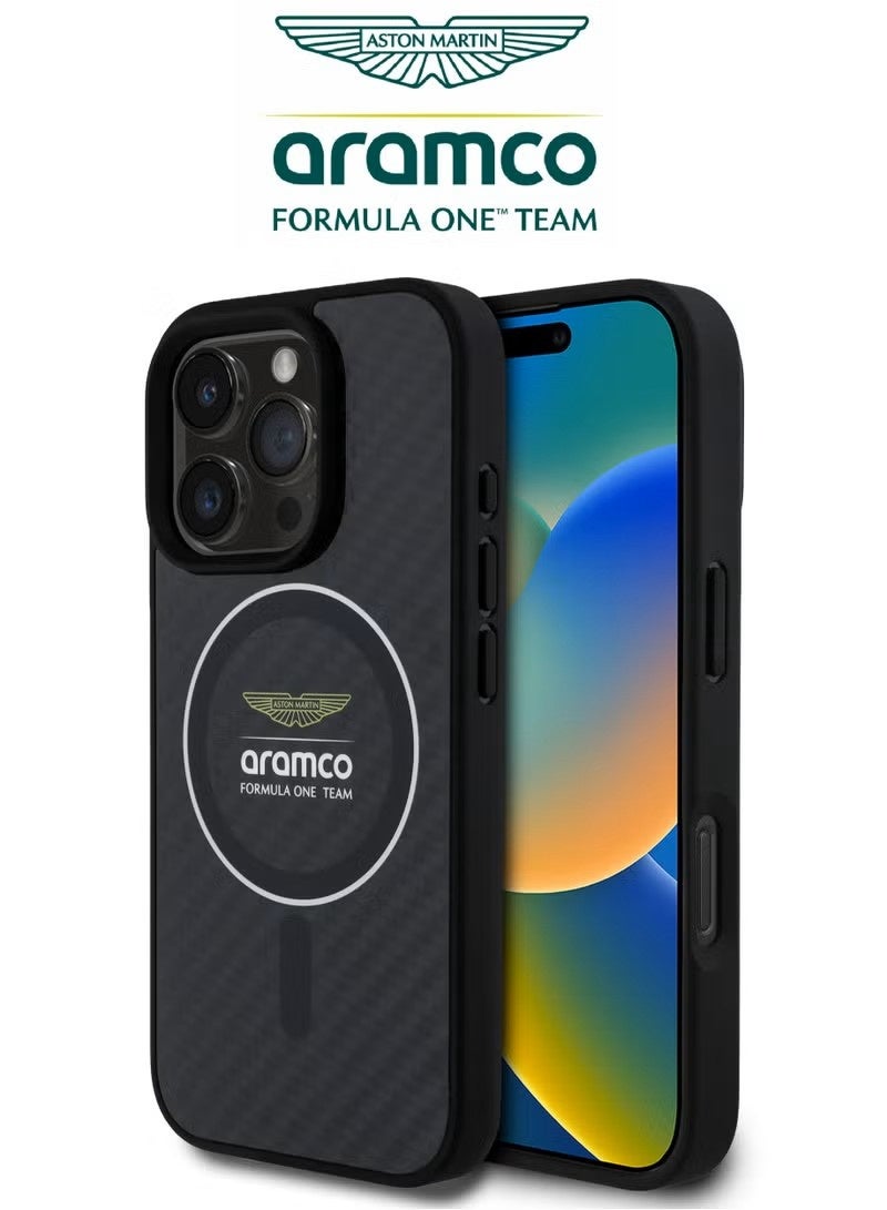 Aramco iPhone 16 Pro Carbon Fiber Case – Premium Luxury Protective Back Cover, French-Inspired Design, Officially Licensed Aston Martin (Aramco) Case, MagSafe Compatible, Wireless Charging Support, Black - Image 1