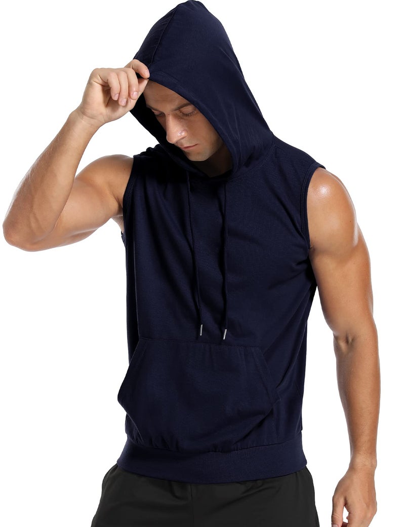 Amussiar Men's Workout Sleeveless Shirts Muscle Hooded Tank Gym Fitness Quick Dry Sleeveless Hoodies Navy Blue - Image 2