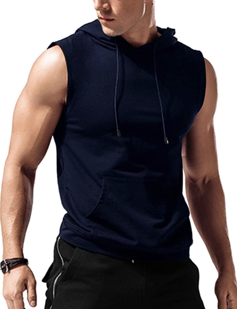 Amussiar Men's Workout Sleeveless Shirts Muscle Hooded Tank Gym Fitness Quick Dry Sleeveless Hoodies Navy Blue - Image 1