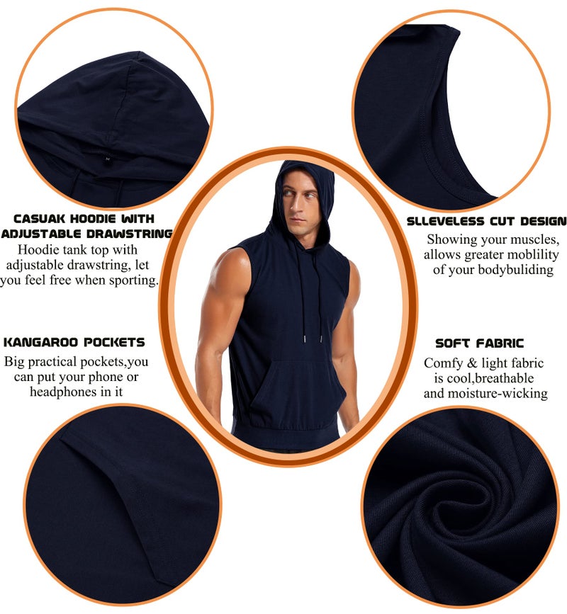 Amussiar Men's Workout Sleeveless Shirts Muscle Hooded Tank Gym Fitness Quick Dry Sleeveless Hoodies Navy Blue - Image 5
