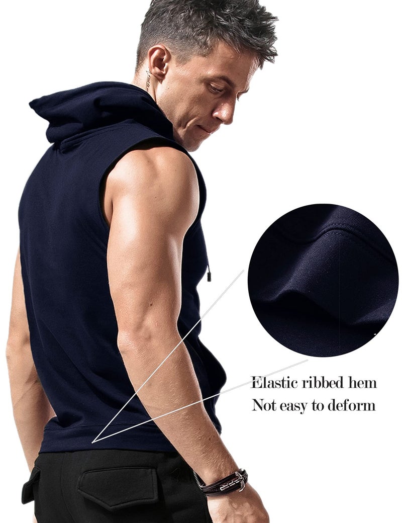 Amussiar Men's Workout Sleeveless Shirts Muscle Hooded Tank Gym Fitness Quick Dry Sleeveless Hoodies Navy Blue - Image 3