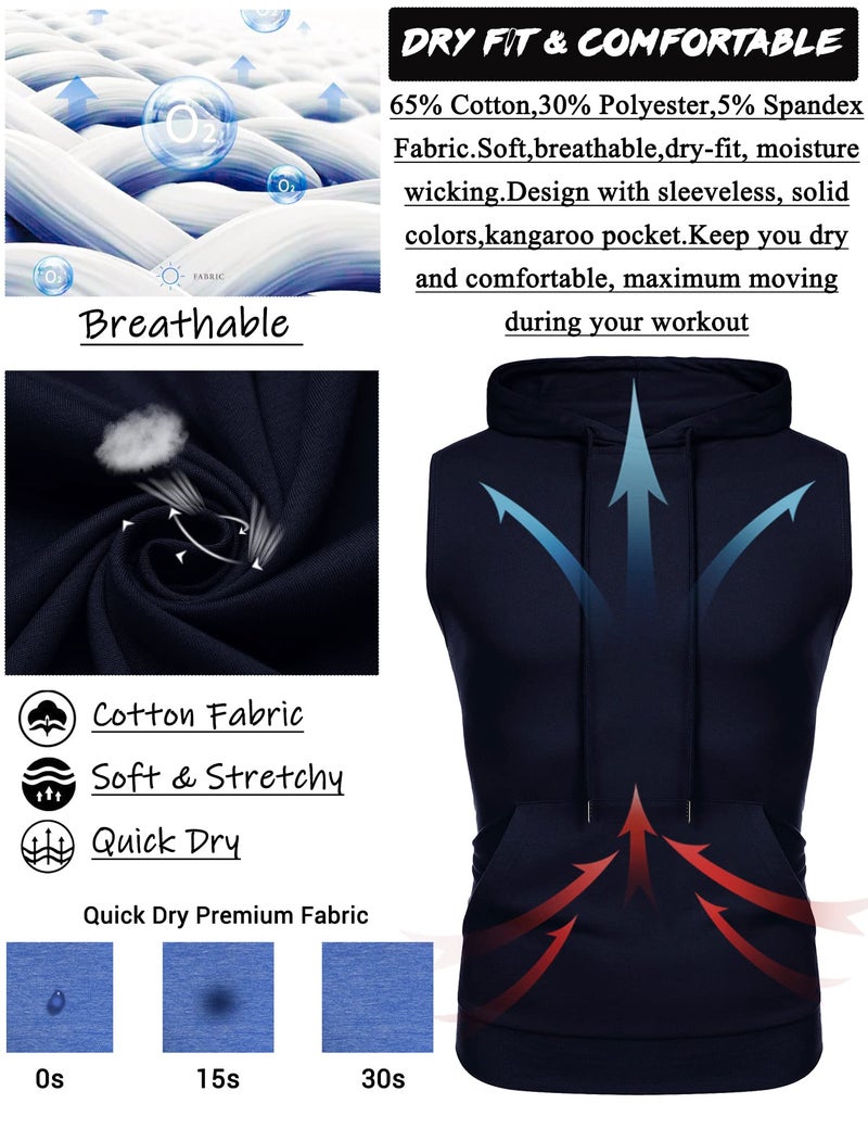 Amussiar Men's Workout Sleeveless Shirts Muscle Hooded Tank Gym Fitness Quick Dry Sleeveless Hoodies Navy Blue - Image 4