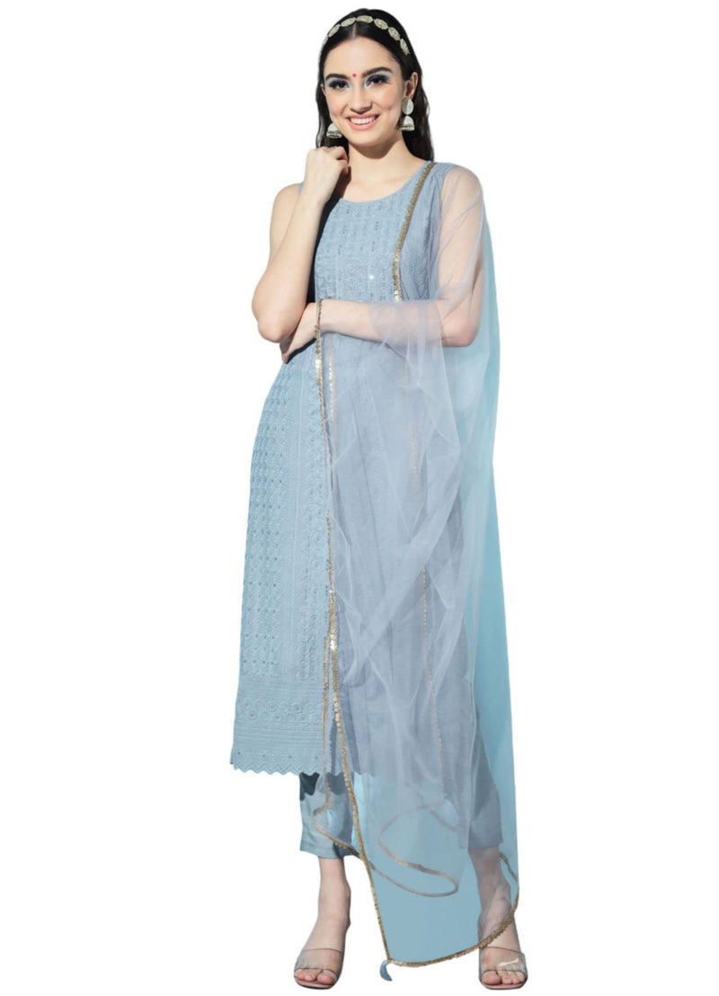 SHOPPING QUEEN Women's Silk Chikankari Kurta Pant with Dupatta (A390_Dusty Blue_L) - Image 1
