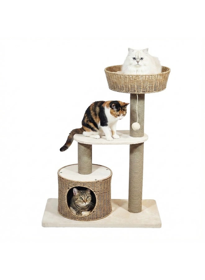 أن ان سي بيتس شجرة قطط داخلية 97 سم، برج متعدد المستويات مع أعمدة خدش، منزل منسوج يدويًا، سلة خوص مريحة، لعبة متدلية وقاعدة ثابتة، أثاث قطط لجميع الأحجام، وسادة ناعمة وخفيف الوزن (بيج) - Image 1