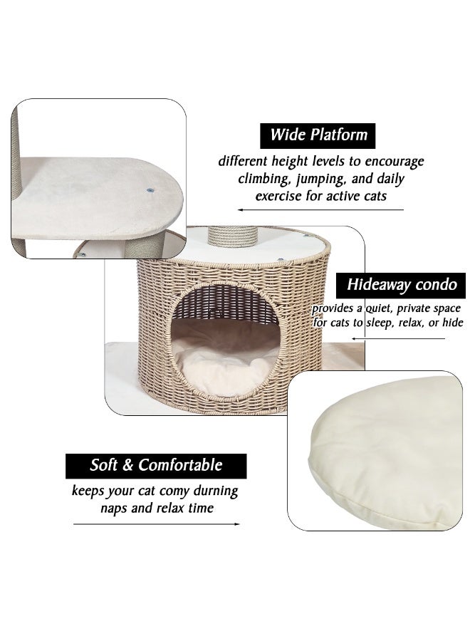 أن ان سي بيتس شجرة قطط داخلية 97 سم، برج متعدد المستويات مع أعمدة خدش، منزل منسوج يدويًا، سلة خوص مريحة، لعبة متدلية وقاعدة ثابتة، أثاث قطط لجميع الأحجام، وسادة ناعمة وخفيف الوزن (بيج) - Image 4