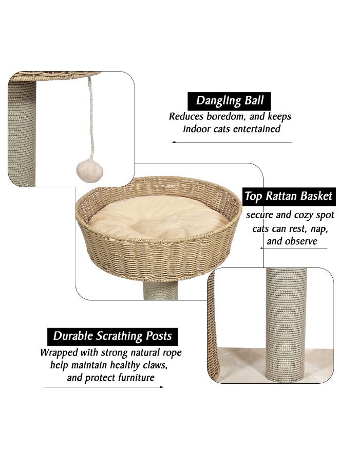أن ان سي بيتس شجرة قطط داخلية 97 سم، برج متعدد المستويات مع أعمدة خدش، منزل منسوج يدويًا، سلة خوص مريحة، لعبة متدلية وقاعدة ثابتة، أثاث قطط لجميع الأحجام، وسادة ناعمة وخفيف الوزن (بيج) - Image 3