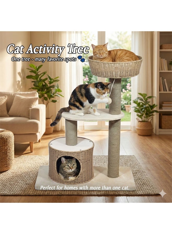 أن ان سي بيتس شجرة قطط داخلية 97 سم، برج متعدد المستويات مع أعمدة خدش، منزل منسوج يدويًا، سلة خوص مريحة، لعبة متدلية وقاعدة ثابتة، أثاث قطط لجميع الأحجام، وسادة ناعمة وخفيف الوزن (بيج) - Image 5