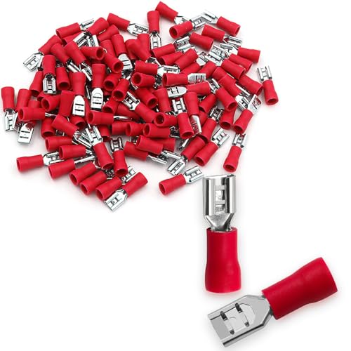 Baomain 0.187" Female Quick Disconnect Spade Terminals,Insulated Crimp Connectors 22-16 AWG 4.8mm (3/16 inch),Red, (100-Pack) - Image 1