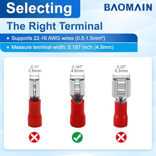 Baomain 0.187" Female Quick Disconnect Spade Terminals,Insulated Crimp Connectors 22-16 AWG 4.8mm (3/16 inch),Red, (100-Pack) - Image 4