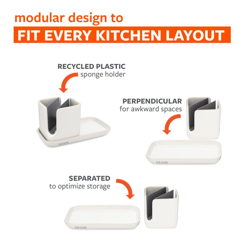 Full Circle Stash, Ceramic Kitchen Sink Caddy, Stylish Sponge Holder & Dish Brush Organizer, Easy to Clean, Dishwasher Safe, Rustproof, White and Gray, 11" - Image 3