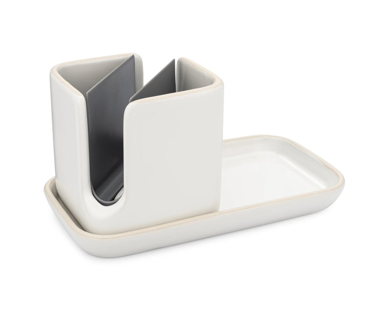 Full Circle Stash, Ceramic Kitchen Sink Caddy, Stylish Sponge Holder & Dish Brush Organizer, Easy to Clean, Dishwasher Safe, Rustproof, White and Gray, 11" - Image 1