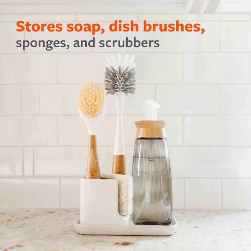 Full Circle Stash, Ceramic Kitchen Sink Caddy, Stylish Sponge Holder & Dish Brush Organizer, Easy to Clean, Dishwasher Safe, Rustproof, White and Gray, 11" - Image 5